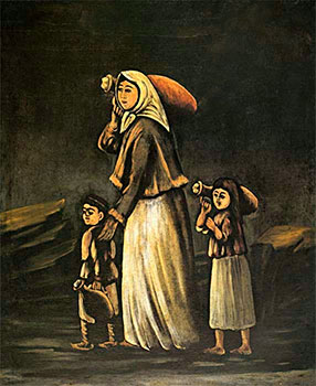 Крестьянка с детьми идет за водой. Художник Н. Пиросманашвили